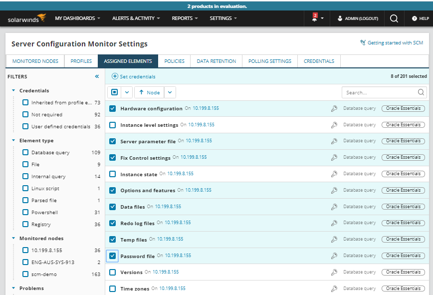 Select Assigned Elements to set credentials