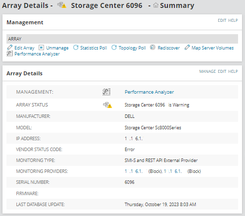 SRM Manage Storage Arrays page