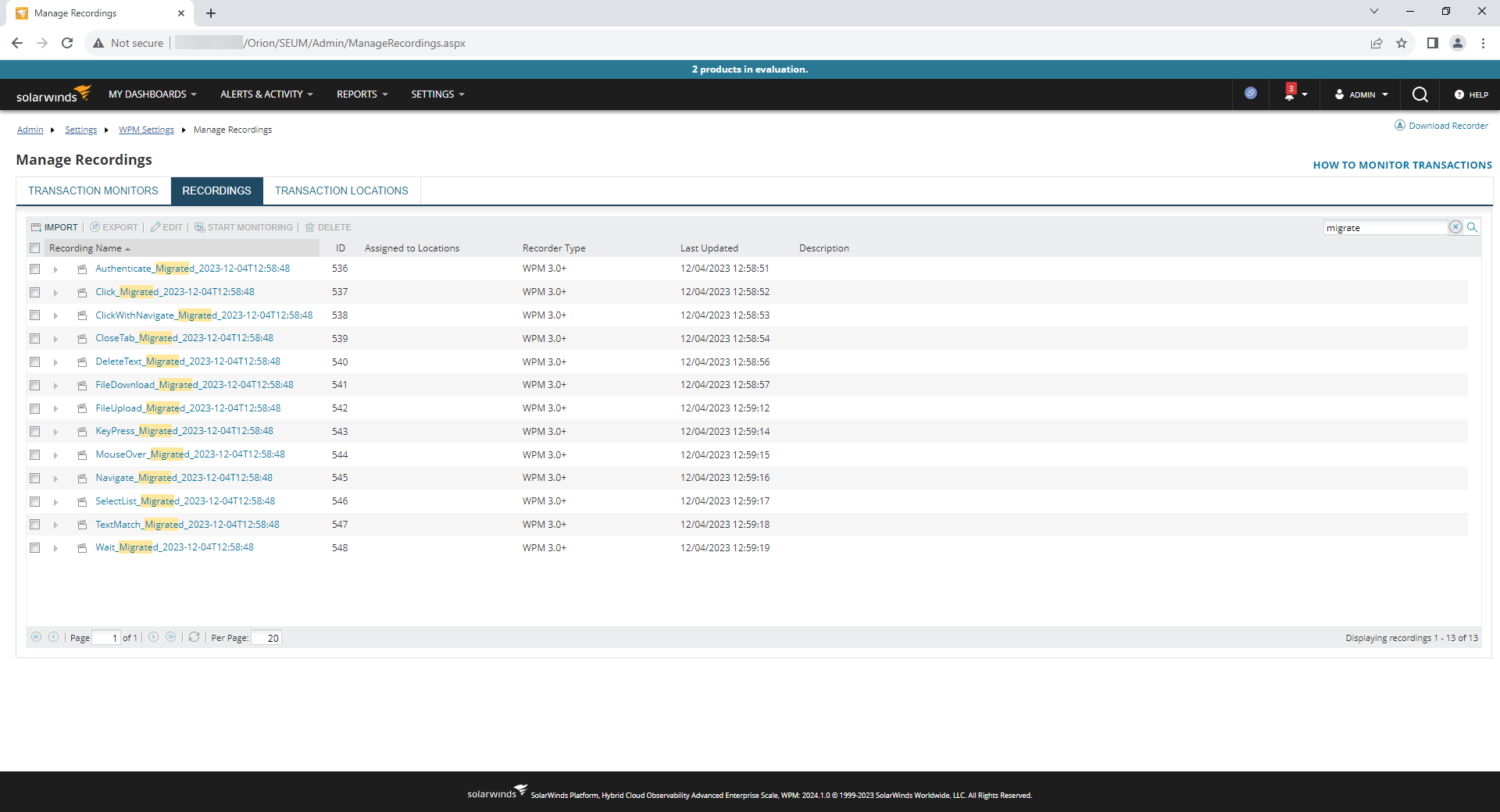 Migrated recordings in Web Console of remote SolarWinds Platform server