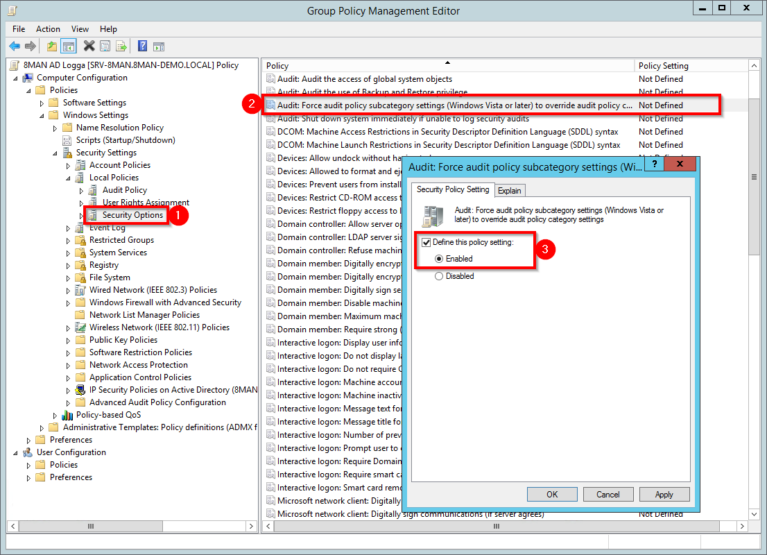 Configure audit policies for the domain controllers (DC)