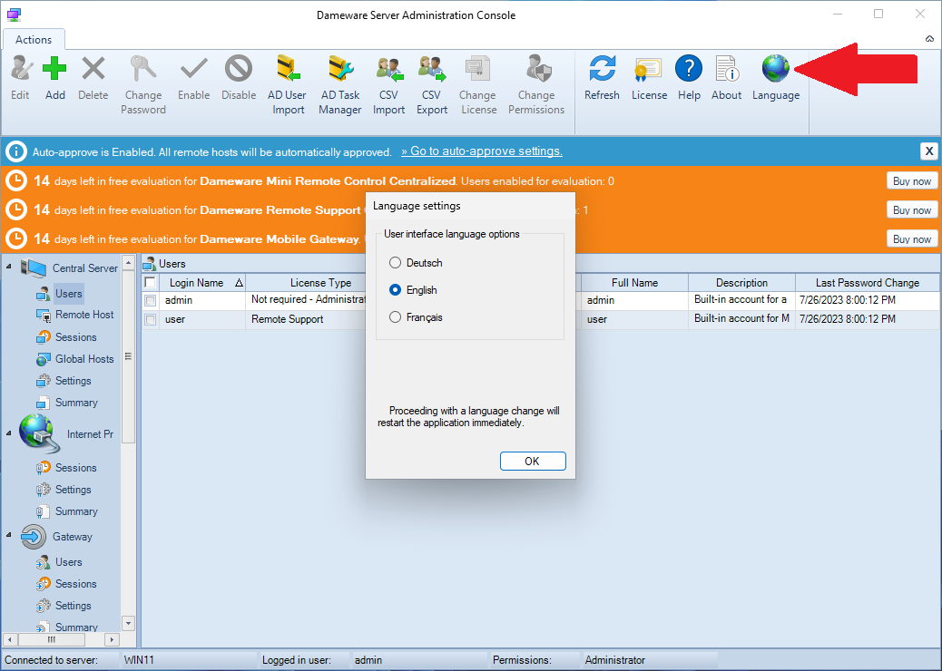Dameware Server Administration Console language settings menu
