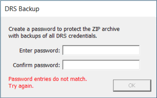 DRS Backup passwords do not match - Try again