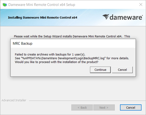 Failed to create archives with backup for 1 user - Continue or cancel?