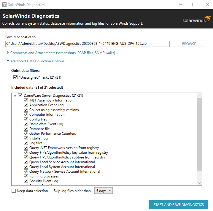 Start and Save Diagnostics
