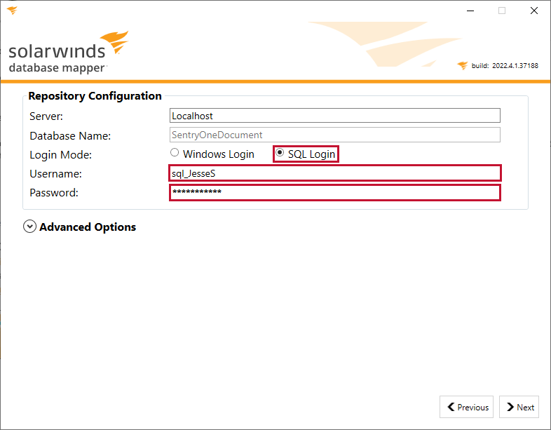 Database Mapper Configuration Utility Database Repository Configuration enter server credentials Version 2022.4 Database Mapper Configuration Utility Repository Configuration enter server credentials
