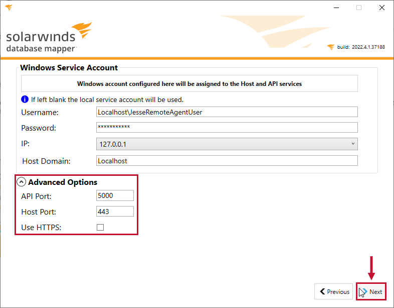 Database Mapper Configuration Utility Windows Service Account Advanced options select Next