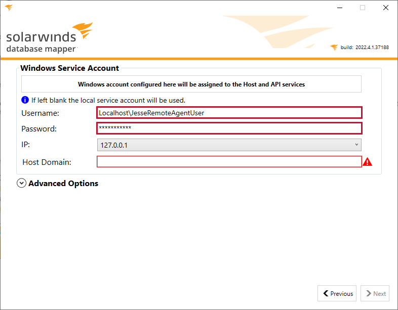 Database Mapper Configuration Utility Windows Service Account enter service user credentials Version 2022.4 Database Mapper Configuration Utility Windows Service Account enter service user credentials