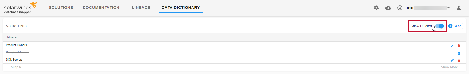 Database Mapper Data Dictionary Value Lists Show Deleted Version 2021.18 Database Mapper Data Dictionary Value Lists with Show Deleted selected
