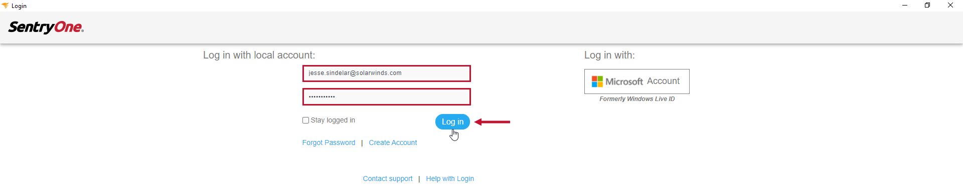 Database Mapper Web Portal enter username and password Version 2022.2 Log in with account displaying an email, jsindelar@sentryone.com, entered password, and highlighting the Log in button.
