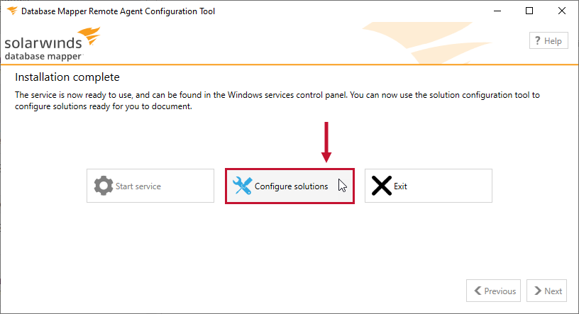 Database Mapper Remote Agent Configuration Tool Configure solution Version 2022.2 Remote Agent Configuration tool presenting 4 options, Start Service, Configure Solutions, Start license manager, and Exit.