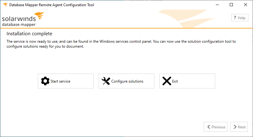 Database Mapper Remote Agent Config tool Installation Complete Version 2022.2 Installation Complete screen displaying the Start Service, Configure Solutions, and Exit buttons.