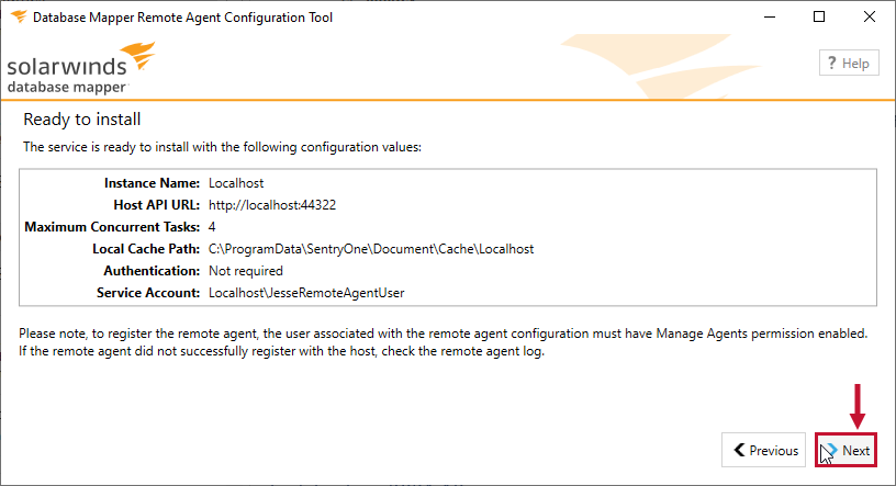 Database Mapper Remote Agent Config Tool Ready to install Version 2022.2 Ready to install page displaying the systems configuration values all in one screen.