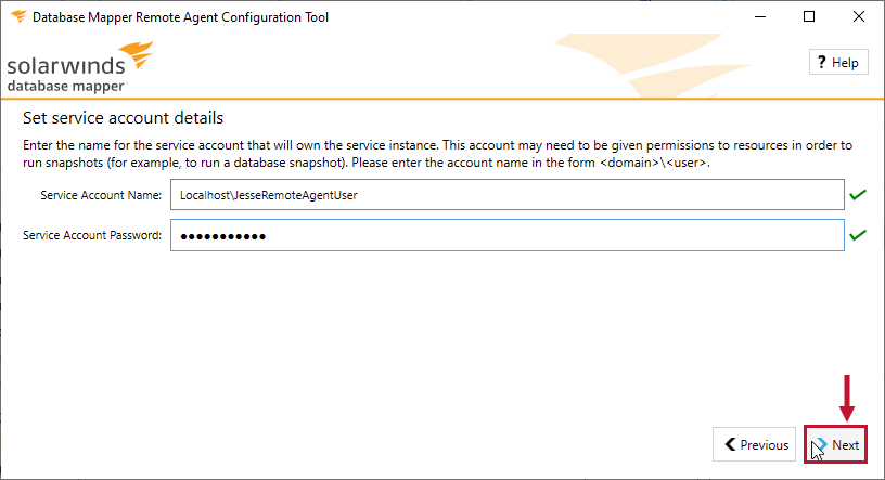 Database Mapper RA Config tool Service Account details Version 2022.2 RA Config Tool with an entered username and password that is verified by a green check mark.