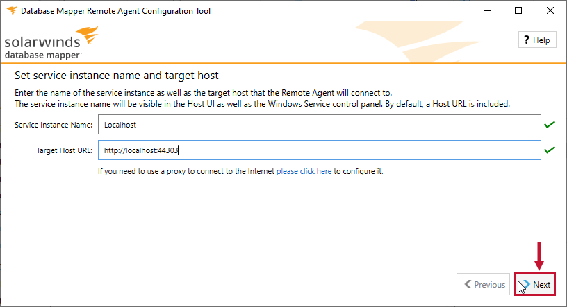 Database Mapper Remote Agent Configuration Tool Set Service Instance Version 2022.2 Remote Agent Configuration Tool with localhost RA as the service name and an on-prem URL.
