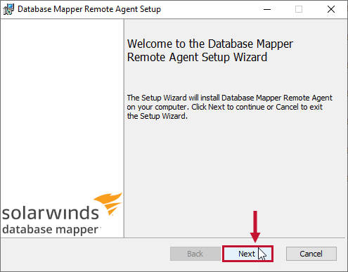 Database Mapper Remote Agent Setup Wizard Version 2022.2 Setup Wizard Welcome prompt displaying a welcome message and prompting the user to select Next to continue with the install.