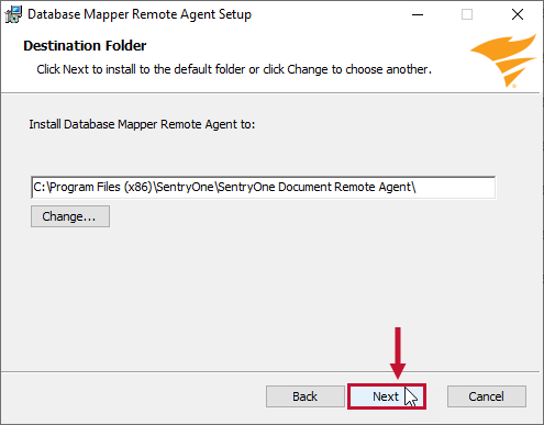 Database Mapper Remote Agent Setup Wizard Destination Folder Version 2022.2 Destination folder page displaying the default destination folder and providing the option to change the destination.