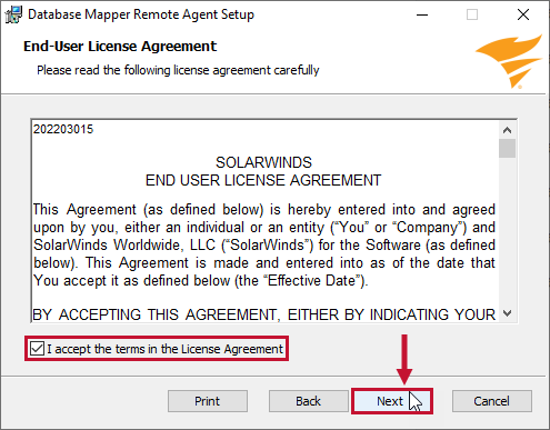 Database Mapper EULA Version 2022.2 End User License agreement prompting you to read the EULA and accept the terms.