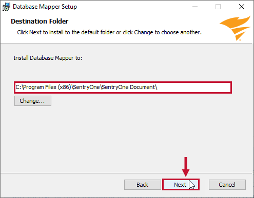 Database Mapper Setup Wizard Destination Folder Version 2022.2 Destination Folder displaying the default installation destination and allowing you to change the destination.