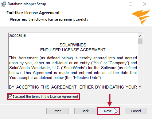Database Mapper Setup Wizard EULA Version 2022.2 Database Mapper Setup EULA prompting you to agree to terms and select Next.