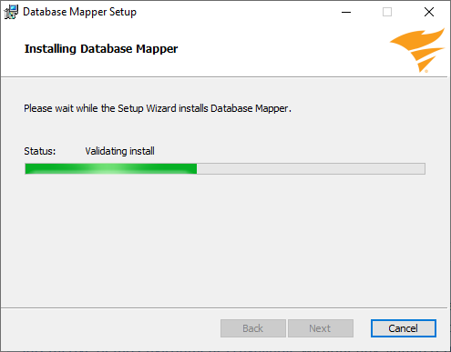 Database Mapper Setup Wizard Installing SentryOne Document Version 2022.2 Installation progress displaying a green progress bar.