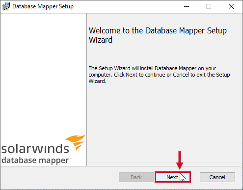 Database Mapper Setup Wizard Welcome Message Version 2022.2 Database Mapper Wizard Welcome message prompting you to select Next to continue.