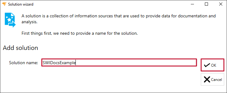 Database Mapper Solution Wizard Add Solution Name Version 2022.2 Add Solution window prompting you to enter a solution name and select Ok to continue.