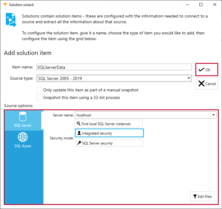 Database Mapper Solution Wizard Add Solution item select Ok Version 2022.2 Add Solution item window with an entered name and Excel Spreadsheet source type prompting you to select Ok to continue.
