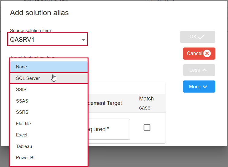 Database Mapper Add solution alias window select Source Solution item and Target technology type Version 2022.2 Database Mapper Add solution alias window select Source Solution item and Target technology type