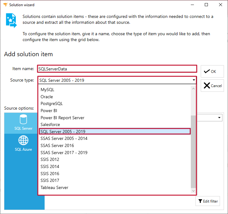 Database Mapper Solution Wizard Add Solution item Version 2022.2 Add Solution Item window prompting you to enter a Solution Item name and then select a Source type from the drop-down menu.