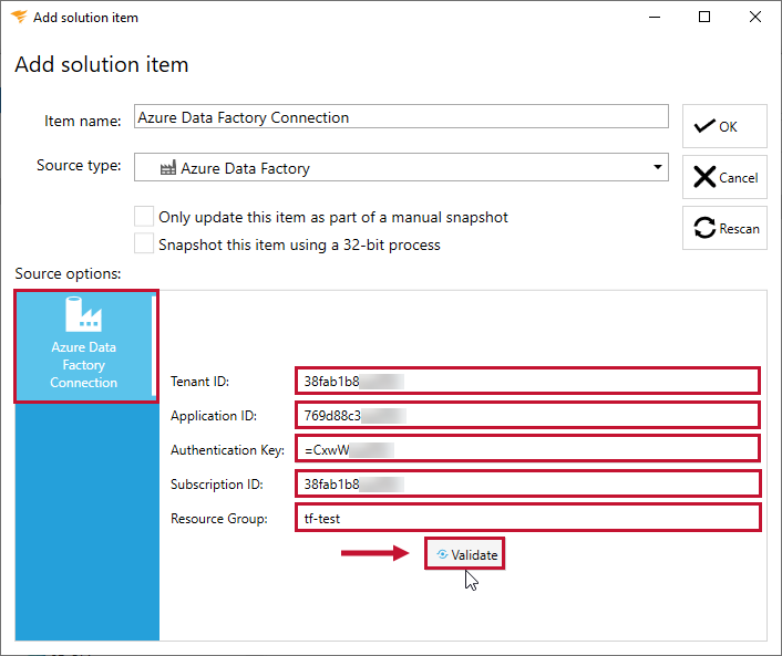Database Mapper Add Solution Item Azure Data Factory Validate connection