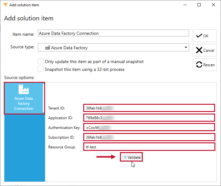 Database Mapper Add Solution Item Azure Data Factory Validate connection Version 2022.2 Database Mapper Add Solution Item Azure Data Factory Validate connection