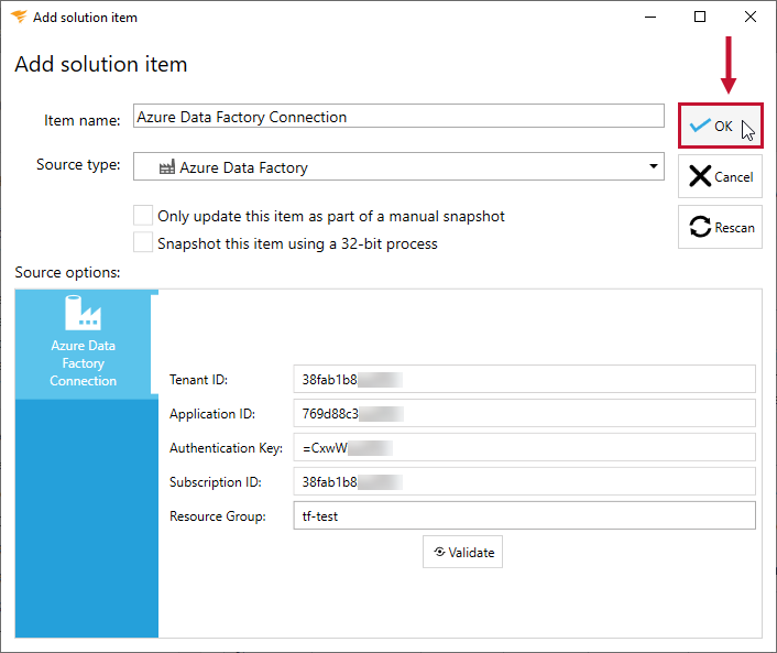 Database Mapper Add Solution Item Azure Data Factory select Ok