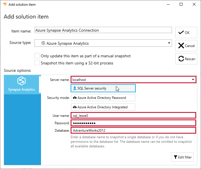 Database Mapper Add Solution Item Azure Synapse Analytics Server Information Version 2022.2 Database Mapper Add Solution Item Azure Synapse Analytics Server Information