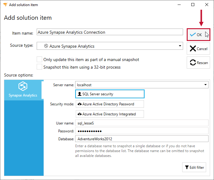 Database Mapper Add Solution Item Azure Synapse Analytics OK Version 2020.324 Database Mapper Add Solution Item Azure Synapse Analytics OK