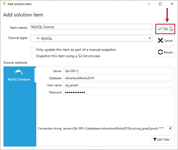 Database Mapper Add solution item MySQL select Ok Version 2022.2