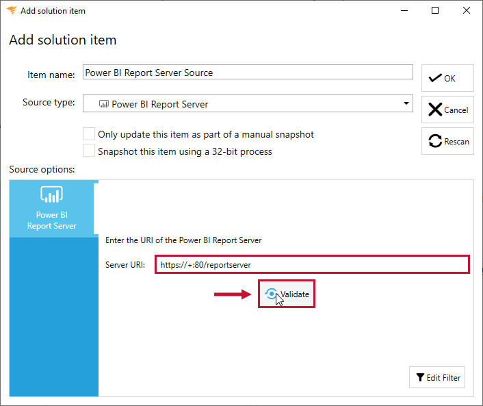 Database Mapper Add Solution Item Power BI Report Server Validate Connection Version 2020.24 Database Mapper Add Solution Item Power BI Report Server Validate Connection