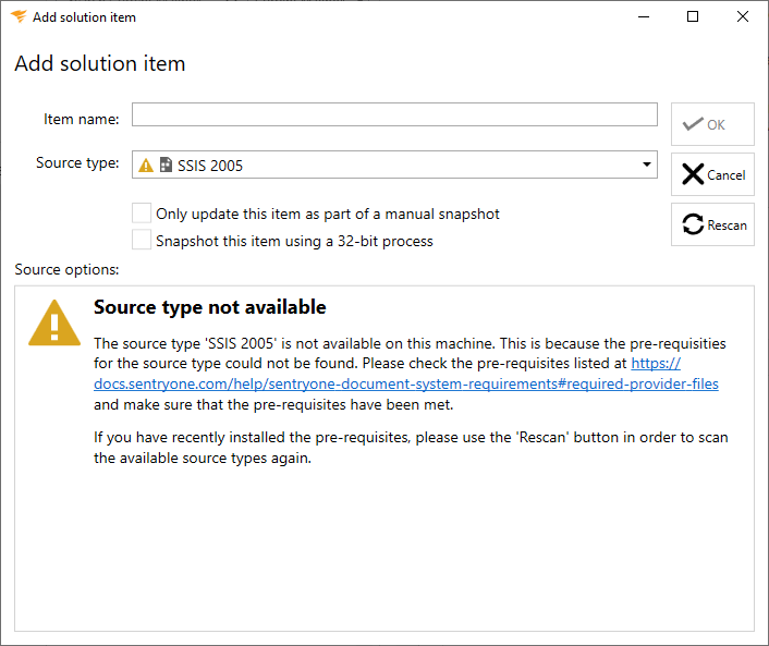 Add Solution item window Source type not available for SSIS 2005