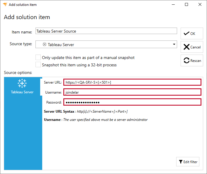 Database Mapper Add Solution Item Tableau Server Credentials Version 2022.2 Database Mapper Add Solution Item Tableau Server credentials