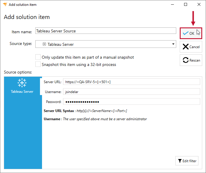 Database Mapper Add Solution Item Tableau Server select Ok Version 2022.2 Database Mapper Add Solution Item Tableau Server select Ok