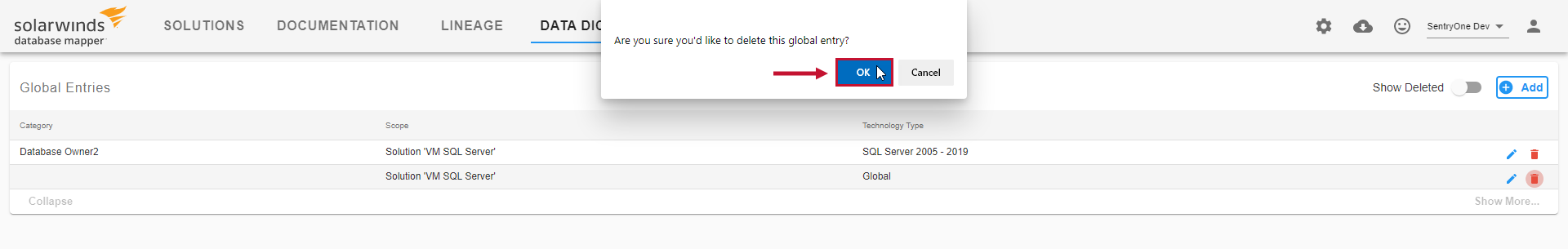 Database Mapper Data Dictionary Global Entries Confirm Delete