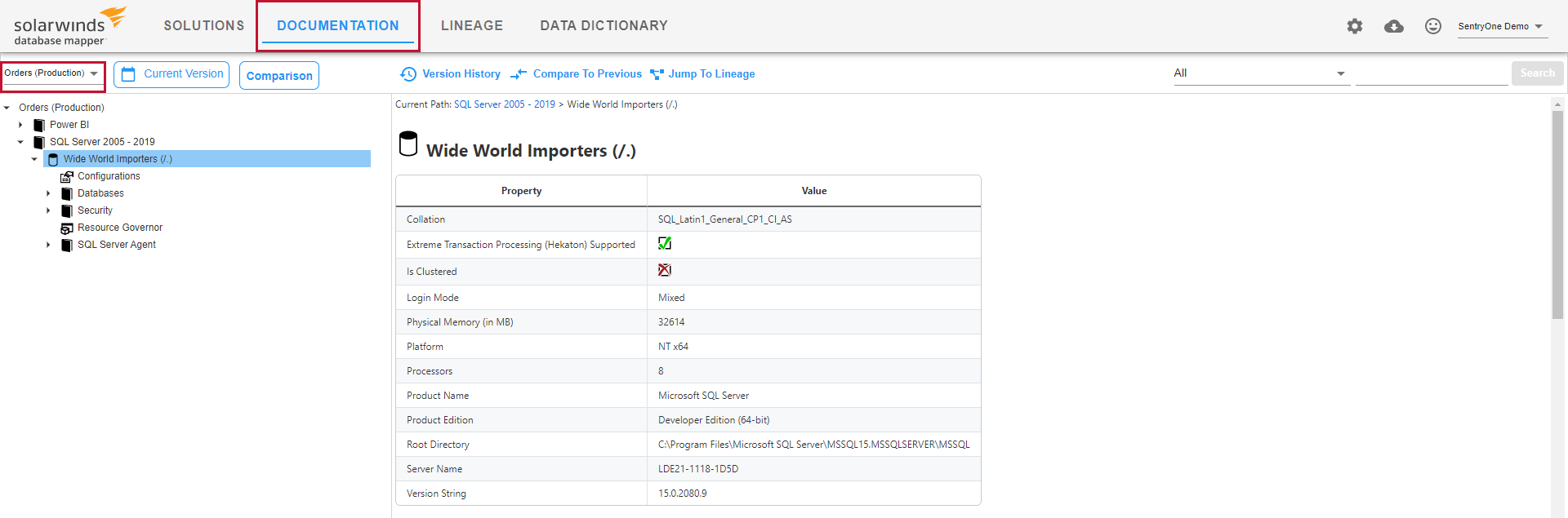 Database Mapper Documentation page Solution drop-down list Version 2022.3 Documentation page highlighting the documentation tab and the solution drop-down menu.