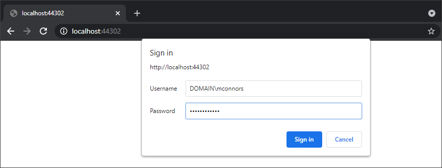 Browser window navigated to the Server port displaying a windows security login prompt requesting a username and password.