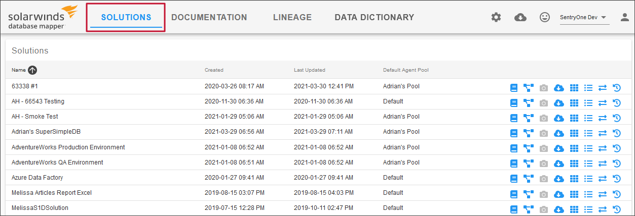 Database Mapper Web Portal select Solutions Version 2022.3 Document Solutions dashboard displaying multiple solutions.
