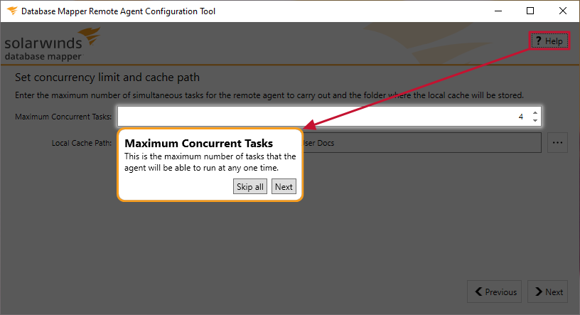 Database Mapper RA Config tool Concurrency limit with Help enabled Version 2022.2 Config tool Concurrency limit and cache path displaying details about Maximum Concurrent Tasks and a greyed out screen.