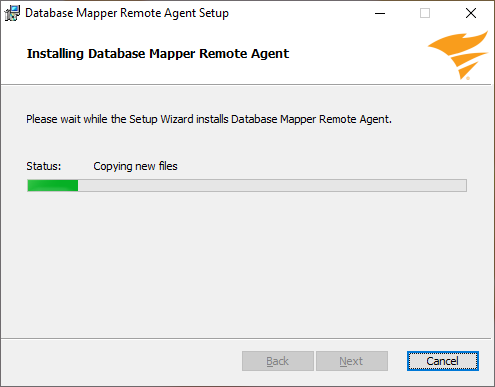 Database Mapper Remote Agent Install Progress Version 2022.2 Document installation wizard displaying installation progress with a progress bar.