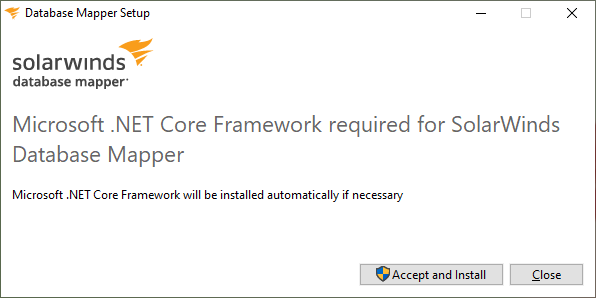 Database Mapper Setup window Microsoft .NET Core Framework Accept and Install Version 2022.2 Database Mapper setup window prompting you to Accept and Install.