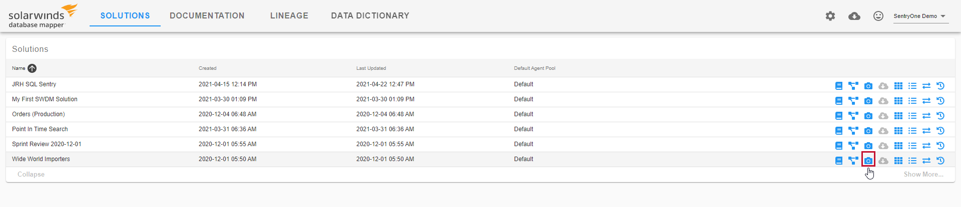 Database Mapper Web Portal Solutions Dashboard Start a Snapshot Version 2022.3 Solutions Dashboard selecting the S1DocCloud solution and highlighting the Start Snapshot button.