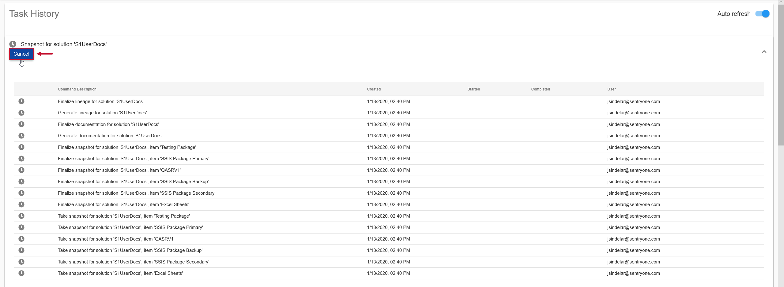 Database Mapper Task History for Solution select Cancel Version 2022.3 Task History for a started Snapshot, displaying completed segments and highlighting the Cancel button to stop the snapshot.