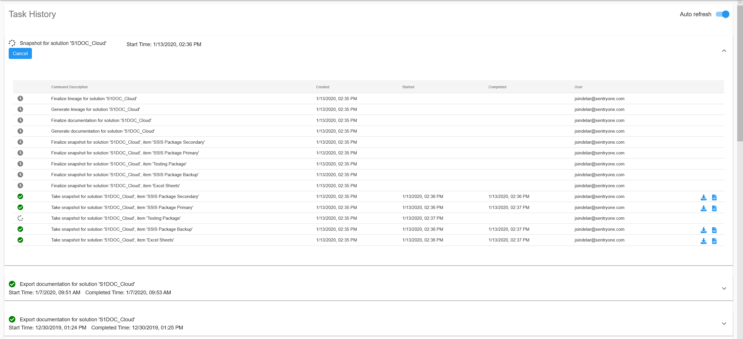 Database Mapper Web Portal Task History for Solution Version 2022.3 Document Task History displaying the progress of the started snapshot including descriptions, completion times, and statuses.