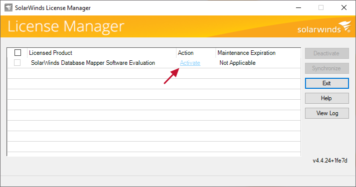 SolarWinds License Manager with Activate Link for Database Mapper